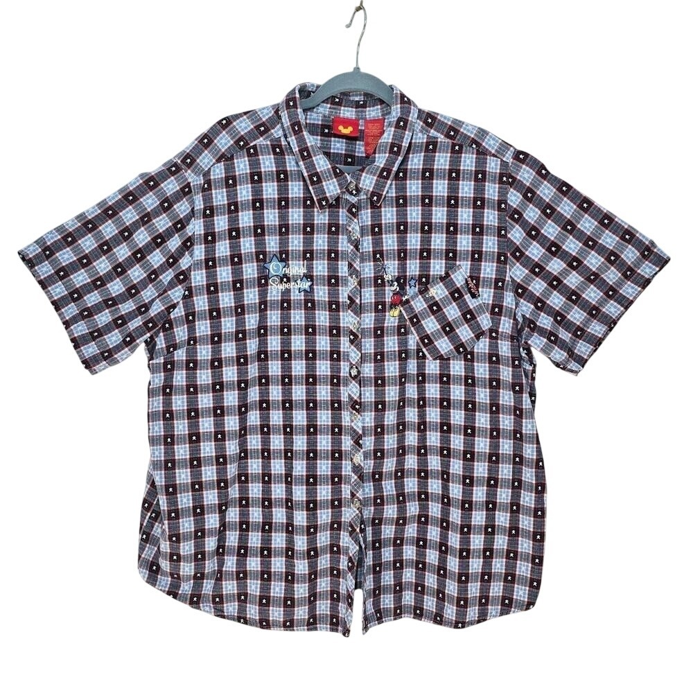 Disney‎ Mickey Mouse Jerry Leigh Plaid Button Down Shirt Blue Red Women 26W 28W
